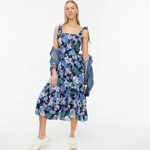 J.Crew Smocked Tie-Shoulder Dress Retro Floral M